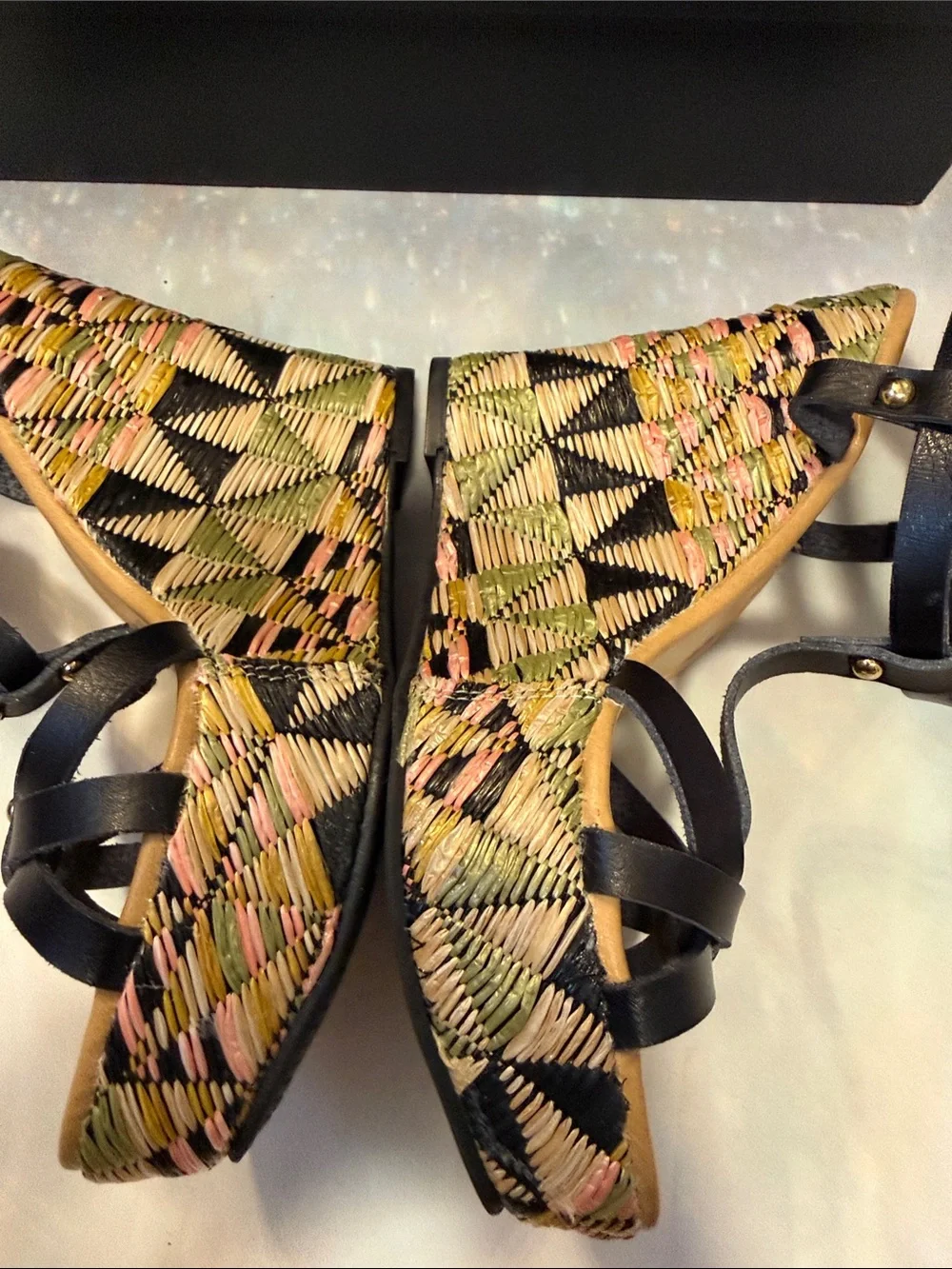 JustFab Black Strappy Wedges with Multicolor Patterned Platform 7.5